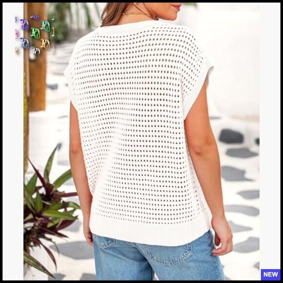 Crochet Cap Sleeve Sweater Pullover Bohemian Loose Fit Summer Top - Picture 2 of 7